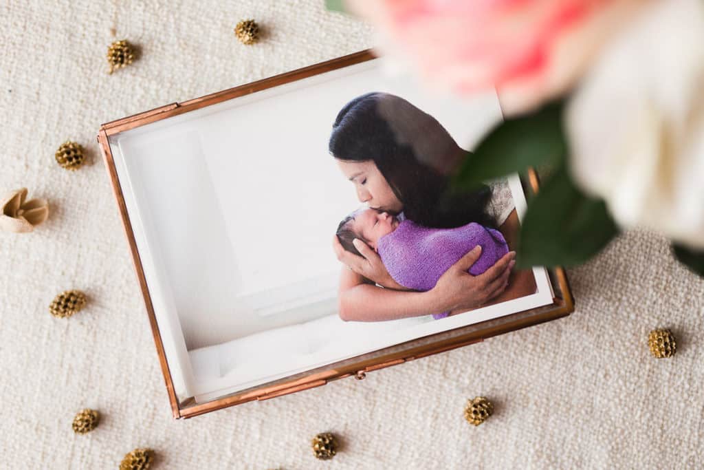 newborn photography glass image box with mom and baby